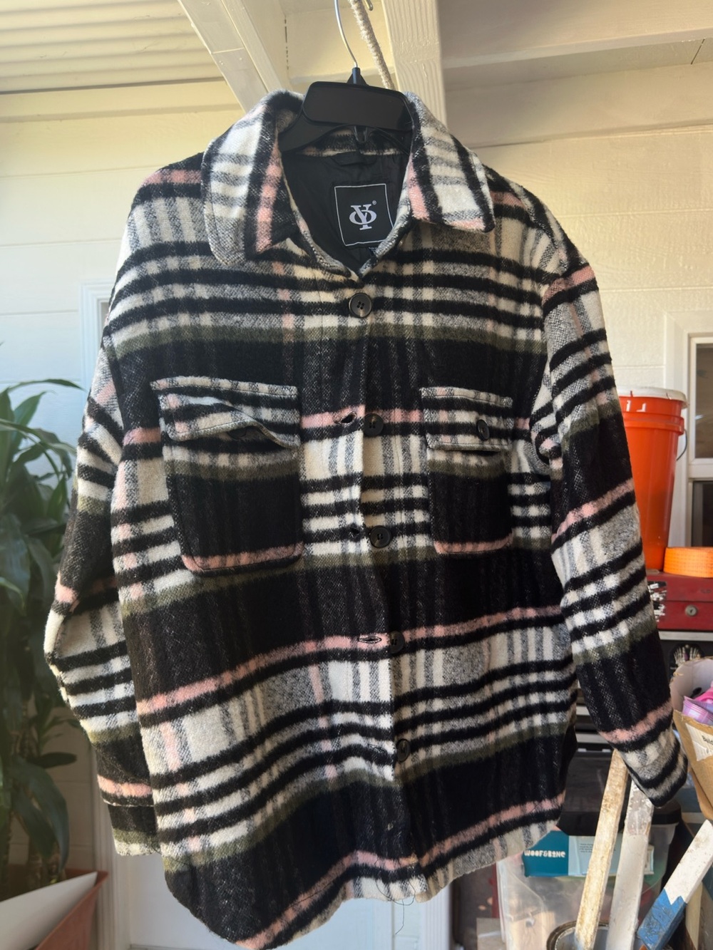Women Plaid Shacket with Pink/Green/Black Accents